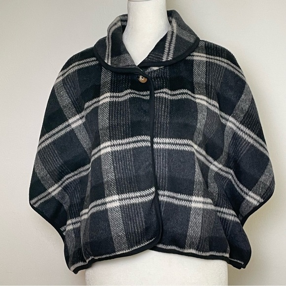 Wool blend plaid tartan checkered cropped poncho shawl jacket topper S - Picture 14 of 17